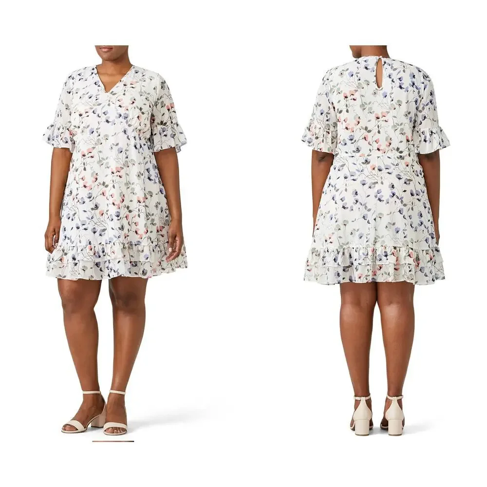 Junarose Women’s Dress 14 Floral Ruffle Hem Short Sleeve Above Knee Boho Spring - Picture 1 of 15